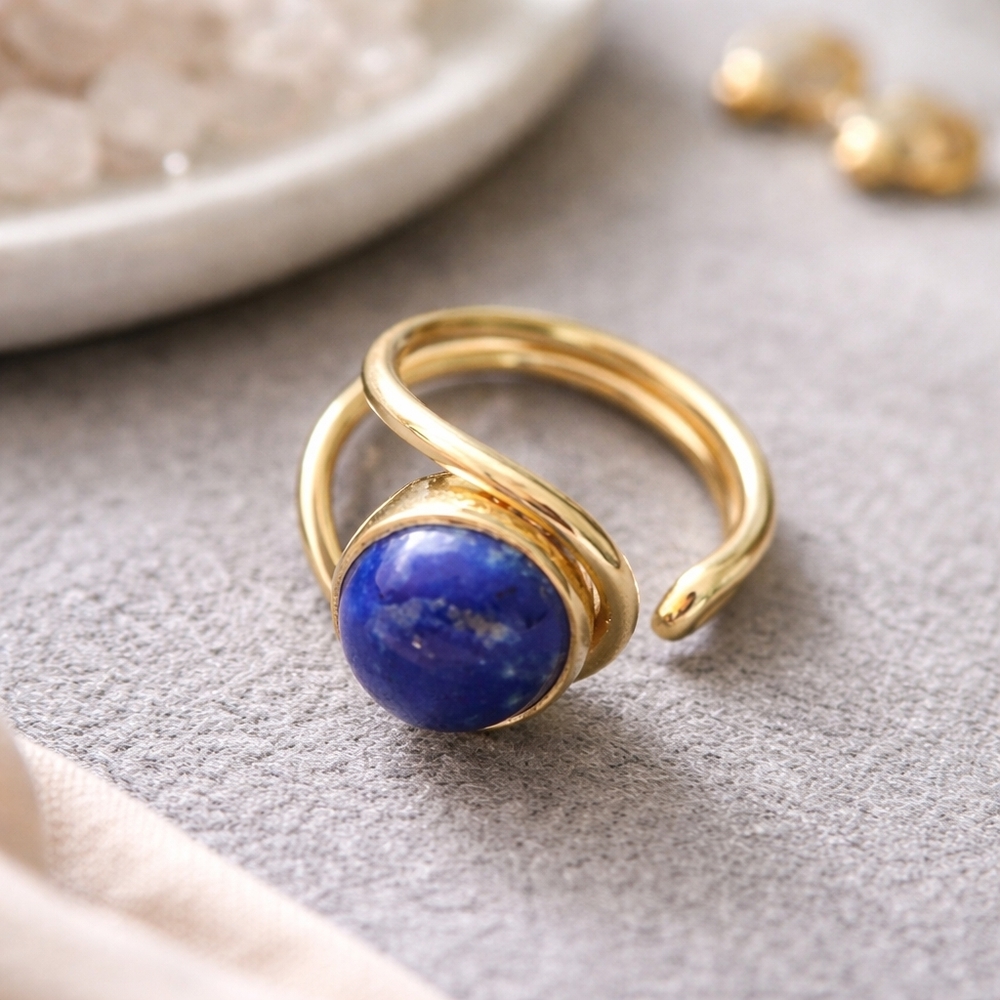 Adjustable Lapis Lazuli Wrap Ring Gold Tone Open Band Statement Ring